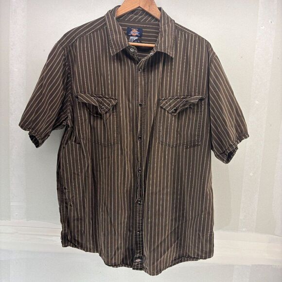 Dickies Mens Western Shirt 2XL Brown Stripe Short Sleeve Pearl Snap Cowboy READ - Picture 1 of 5